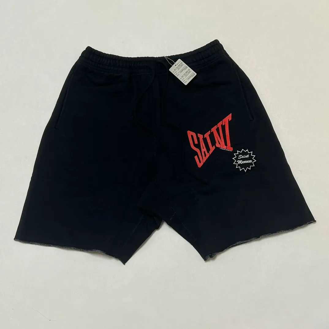 SAINT Mxxxxxx 'SAINT' SWEAT SHORTS/GRY/BLK embroidered SAINT LOGO basic shorts, distressed gray/washed black S-XL, four needles and six threads throughout, produced by a major domestic factory, imported Tajima machine embroidery, washed and distressed, original version